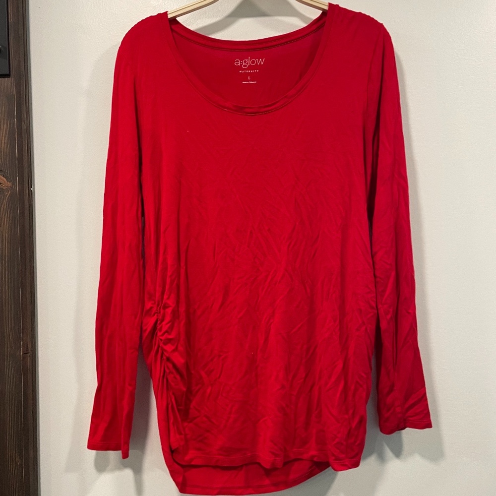 Red, Long Sleeve, Scoop Neck, Maternity Shirt